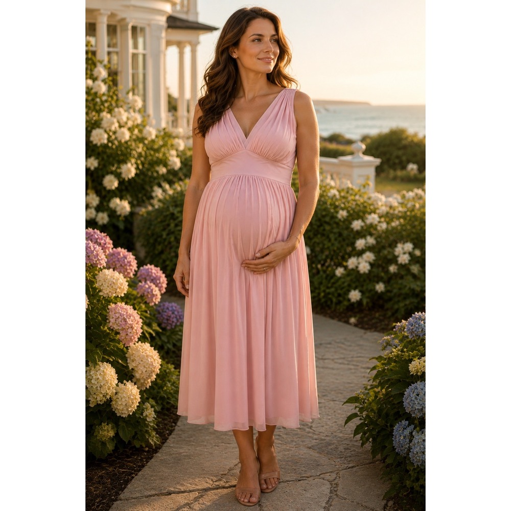 Maternal America Pink Baby Shower Maternity Dress V-Neck Empire Waist Small‎ NWT